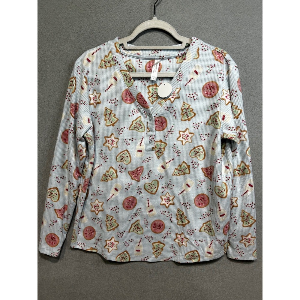 Womens Pajama Top Long Sleeve Cookie Print‎ V Neck Button Henley M